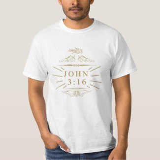 Bible reference, John 3:16, in gold on white T-shirt.