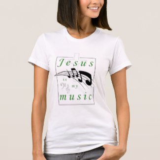 "Jesus is my music" fitted white T Shirt with music graphic.