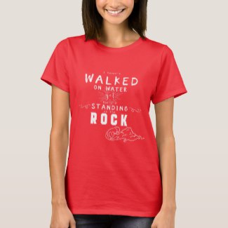 Red women's Christian typography T Shirt with the words: I haven't walked on water yet but I'm standing on the Rock.