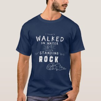 Navy blue men's Christian typography T Shirt with the words: I haven't walked on water yet but I'm standing on the Rock.