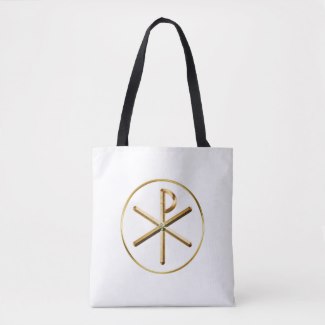 Gold Chi-rho symbol on white Christian tote bag with black handle.