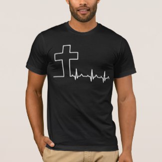 Men's tee with Cross of Jesus and heartbeat line.