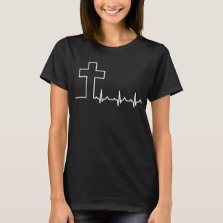 Women's tee with the Cross of Jesus and heartbeat line.