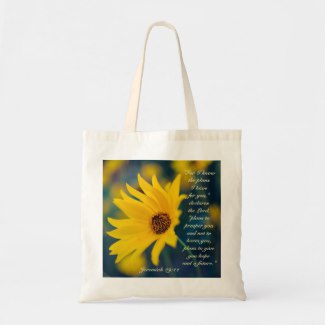 Christian tote bag featuring a sunflower and the Bible text "For I know the plans I have for you, declares the Lord, plans to prosper you and not to harm you, plans to give you hope and a future" Jer 29:11 