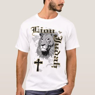 White T shirt with Lion of Judah text and picture and a cross.