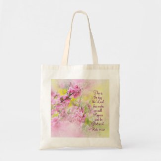 Floral tote bag with Bible verse "This is the day the Lord has made; we will rejoice and be glad in it" Psalm 118:24