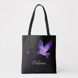 Shining dove on black personalised tote bag.