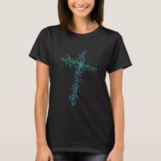 Women's tee with Christian cross formed of scattered particles.